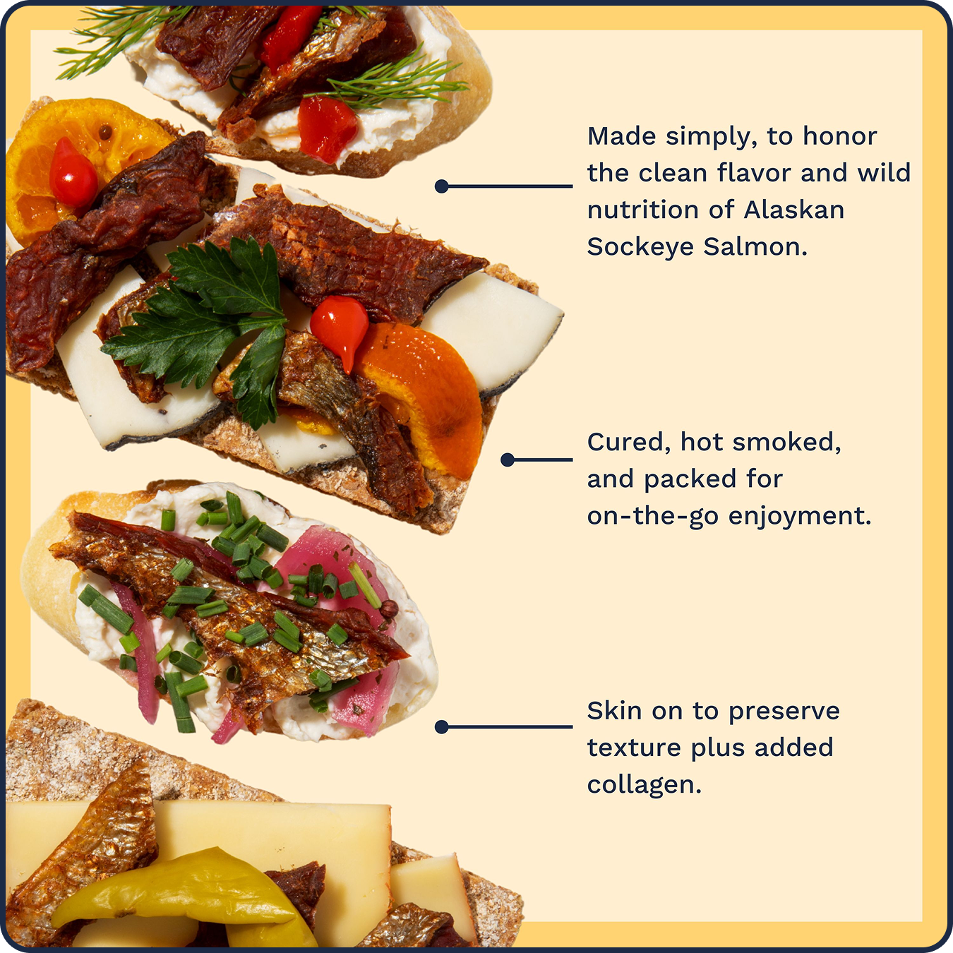 Jerky benefits next to jerky on crackers, paired with cheese & herbs and cream cheese to show additional pairing options