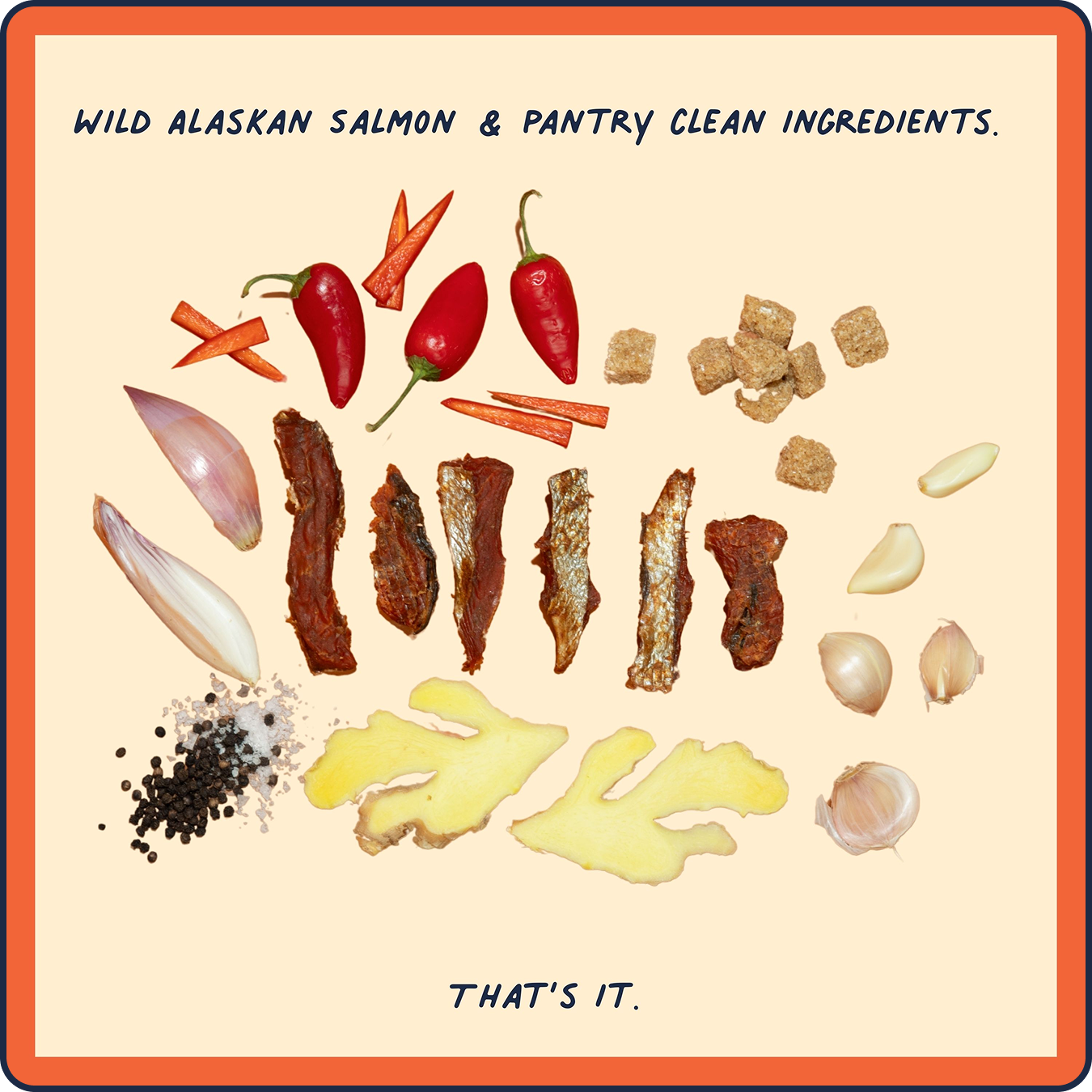 Pantry Clean ingredients showing how simple the snack is with garlic, shallots, ginger, fish, pepper, chilis