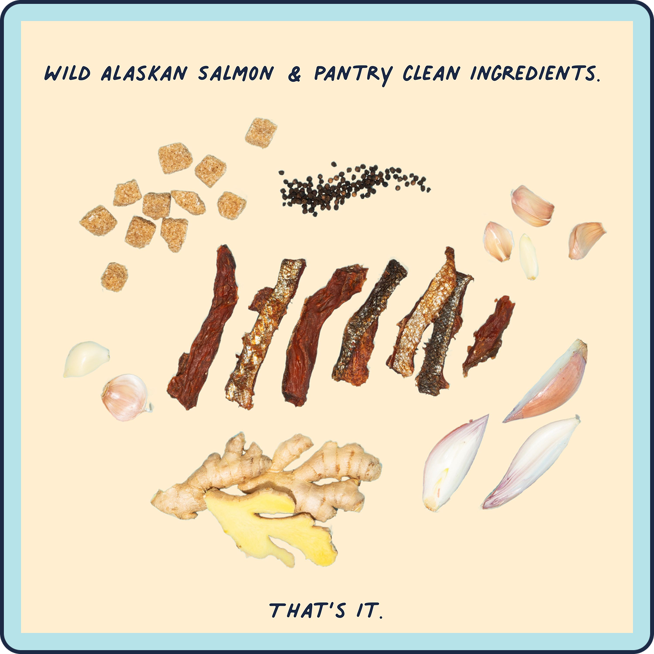 Pantry Clean ingredients showing how simple the snack is with garlic, shallots, ginger, fish, pepper