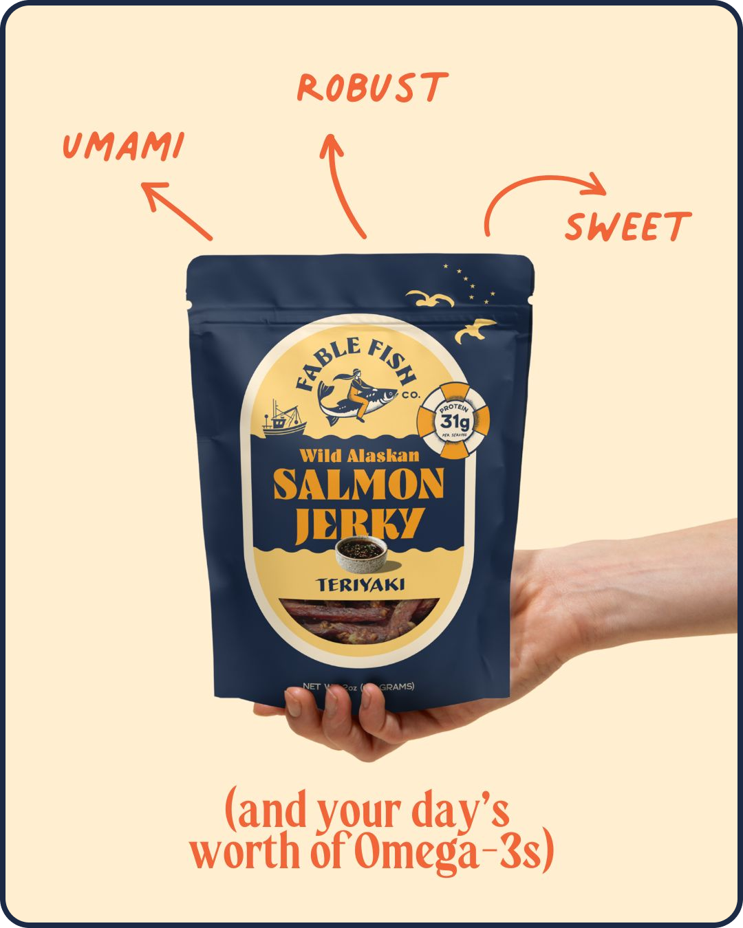 Teriyaki jerky bag help by someone's hand with call outs Umami, Robust, Sweet &