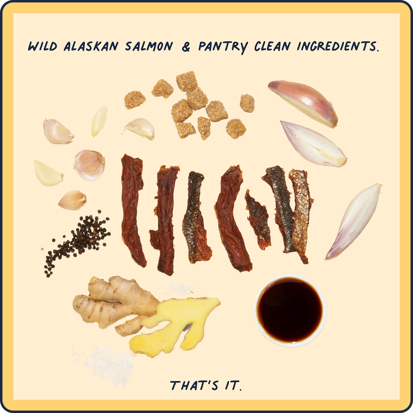 Pantry Clean ingredients showing how simple the snack is with garlic, shallots, ginger, fish, teriyaki sauce