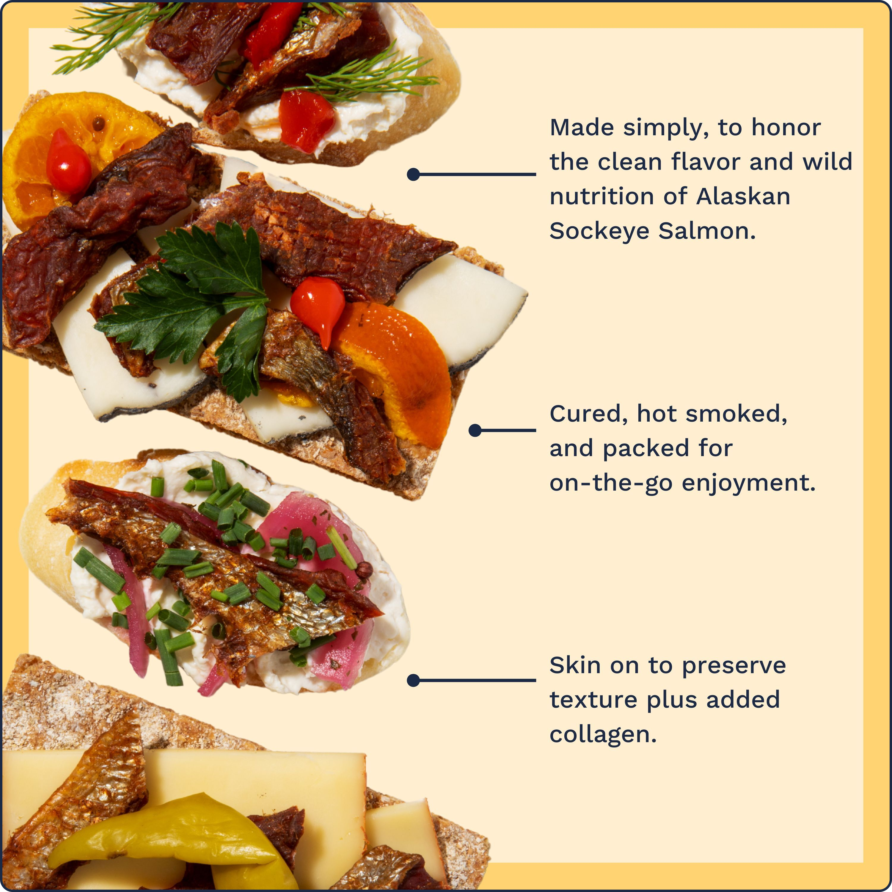 Jerky benefits next to jerky on crackers, paired with cheese & herbs and cream cheese to show additional pairing options
