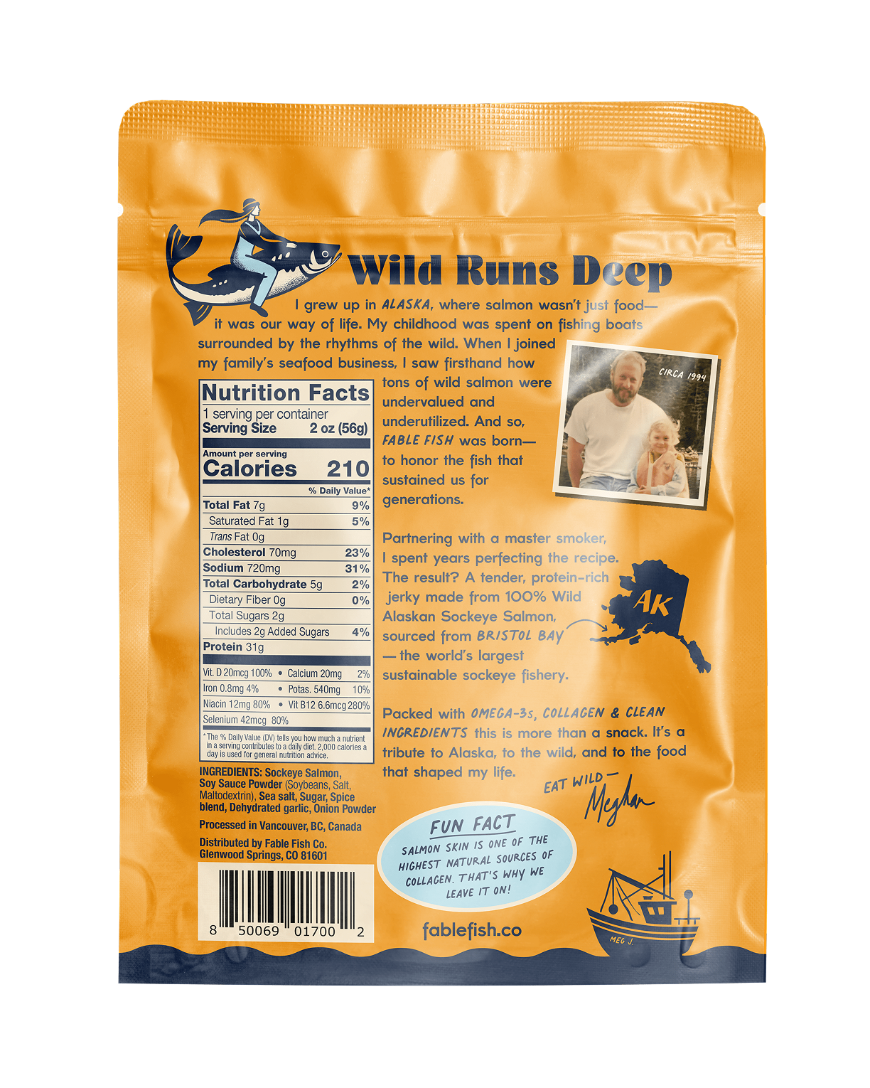 Back of Fable Fish sea salt sockeye salmon jerky bag with 'Wild Runs Deep' headline, nutrition facts, ingredients and Fun Fact.