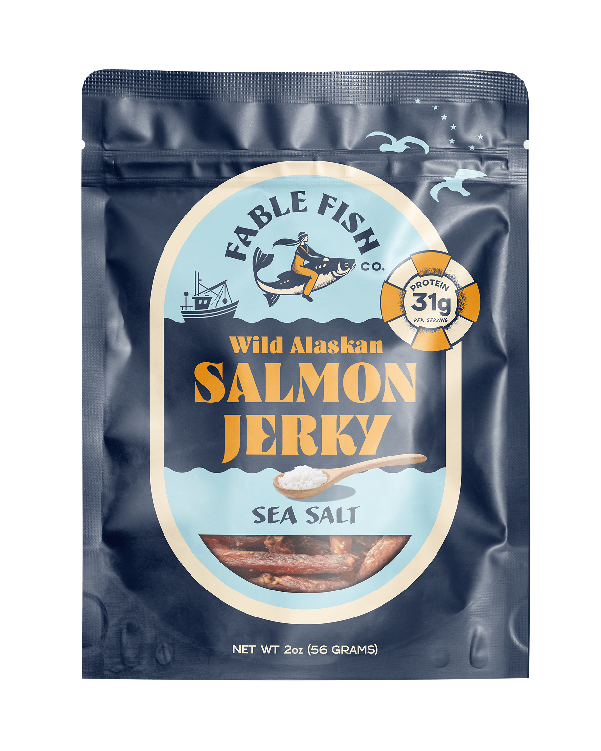 FABLE FISH CO. Wild Alaskan SALMON JERKY SEA SALT PROTEIN 31g PER SERVING NET WT 2oz (56 GRAMS) package