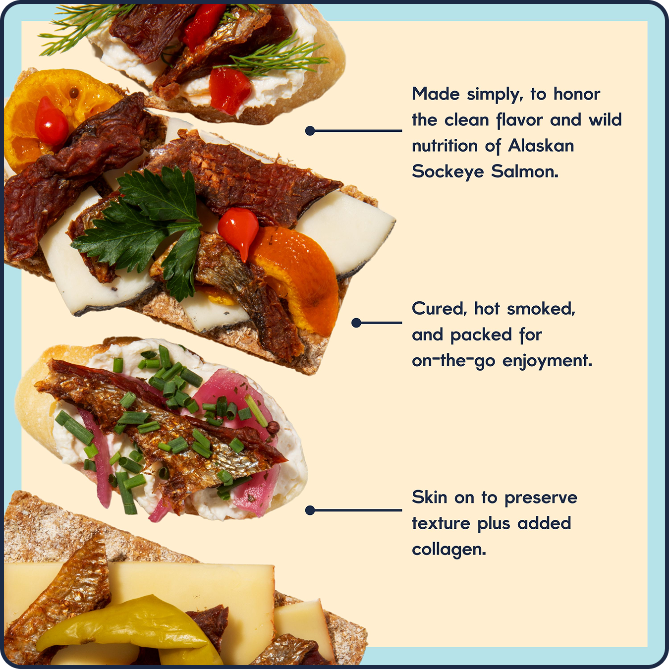 Sockeye salmon jerky on crackers with callouts: made simply; cured and hot smoked; skin on to preserve texture and collagen