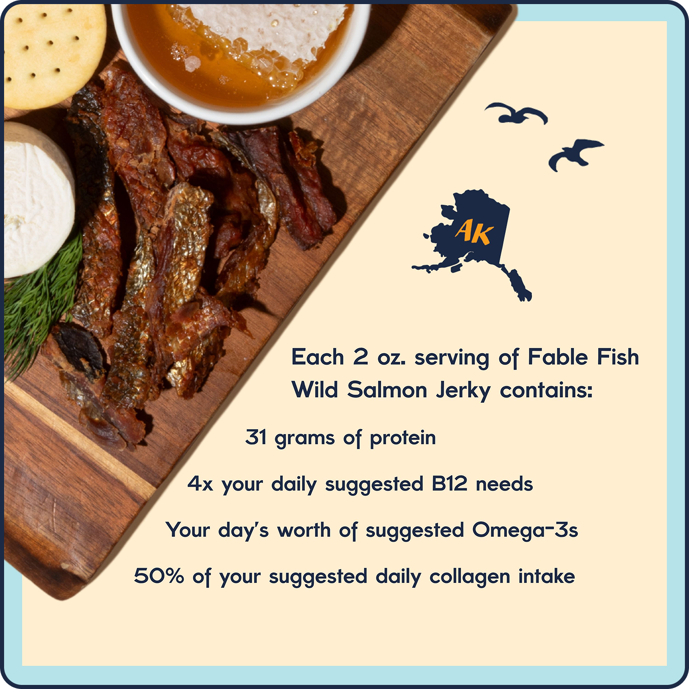 Fable Fish Wild Salmon Jerky: Each 2 oz serving — 31 g protein; 4x B12; day's worth Omega-3s; 50% suggested collagen