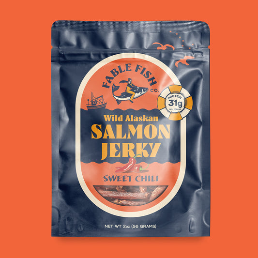 FABLE FISH CO. Wild Alaskan SALMON JERKY SWEET CHILI PROTEIN 31g PER SERVING NET WT 2oz (56 GRAMS) pouch with window