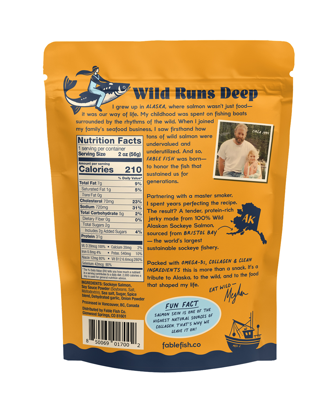 Back view of Sea Salt jerky bag showing 'Wild Runs Deep' headline, nutrition facts, family photo, and Alaska map