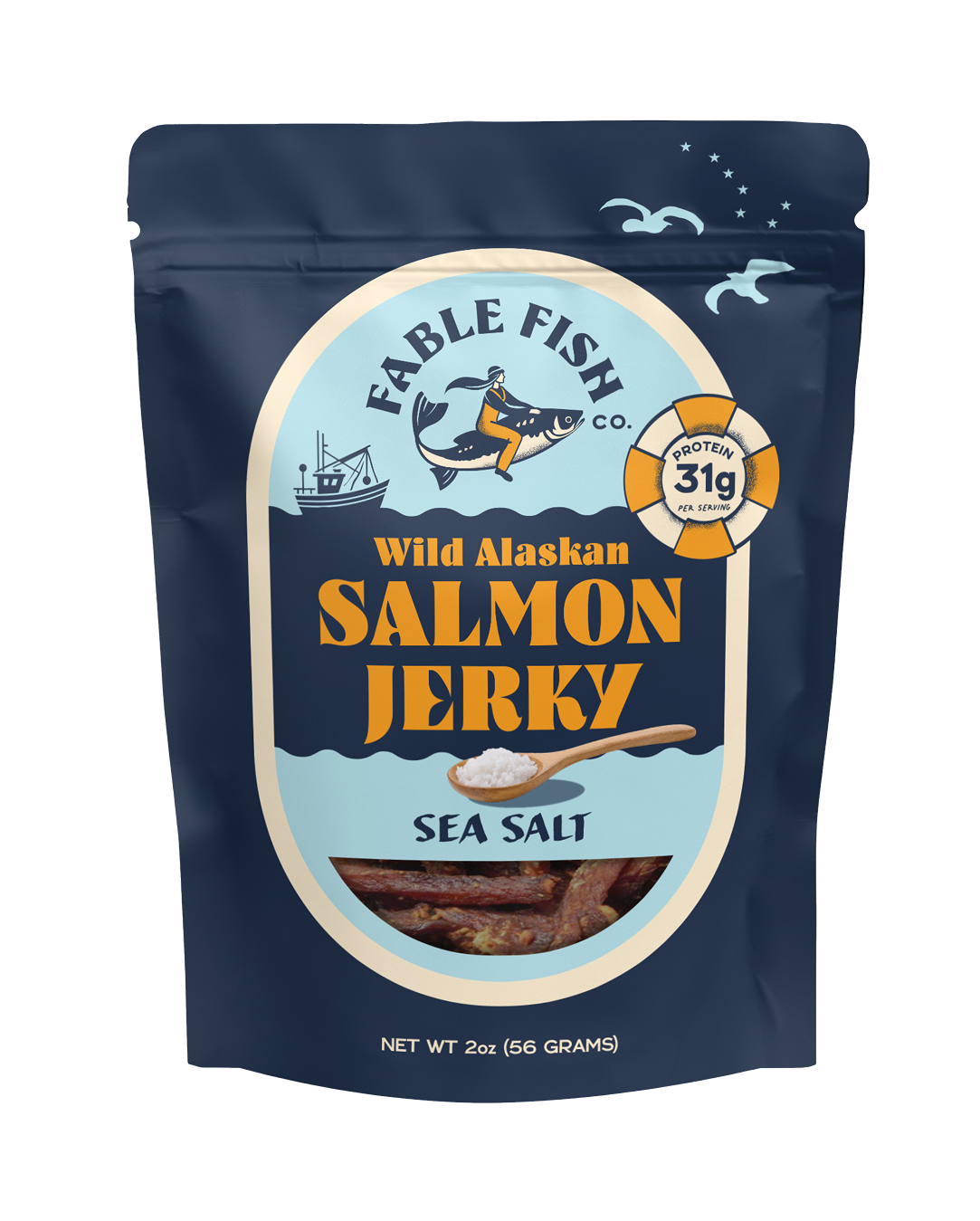 Front view of Fable Fish Co. Wild Alaskan Salmon Jerky sea salt 2oz pouch showing 31g protein badge on white background