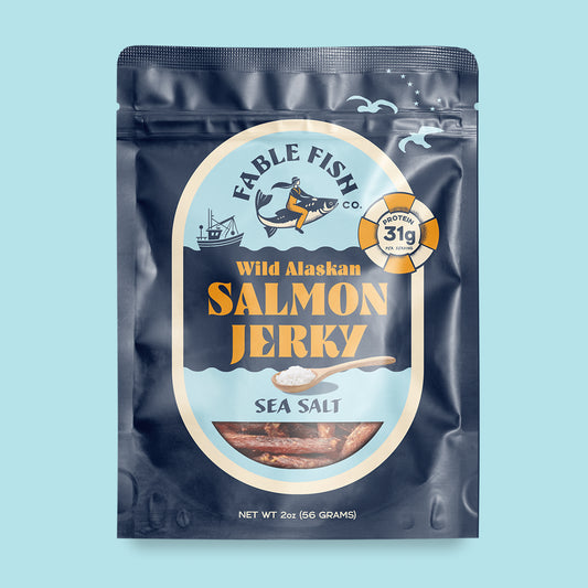 FABLE FISH CO. Wild Alaskan SALMON JERKY SEA SALT pouch, PROTEIN 31g PER SERVING badge, NET WT 2oz (56 GRAMS)